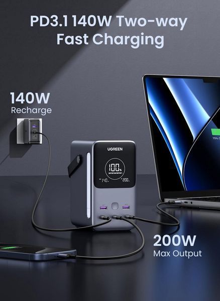 Портативная зарядная станция UGREEN 300W 48000mAh с фонариком (LiFePO4, PD 3.1, 140W) kd72405 фото