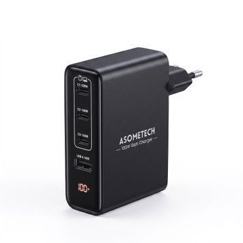 Мережевий зарядний пристрій Asometech 100W GaN 4 порти (3xUSB-C, 1xUSB-A) з LED-дисплеєм kd72408 фото
